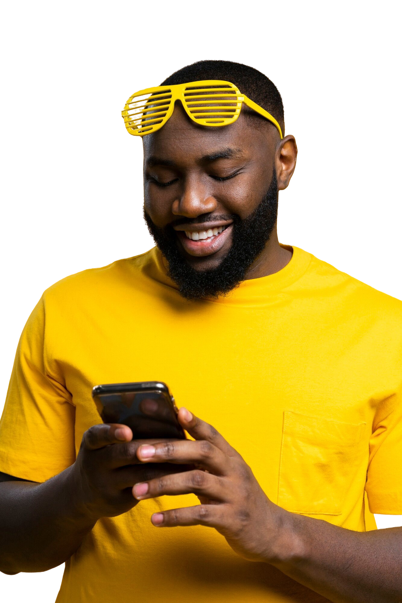 A man smiling while using his phone, representing the Bliq rewards and earning platform.